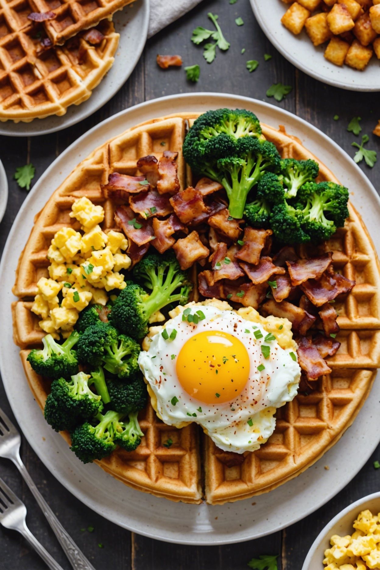Broccoli Cheese Veggie Tots Waffles With Bacon And Eggs