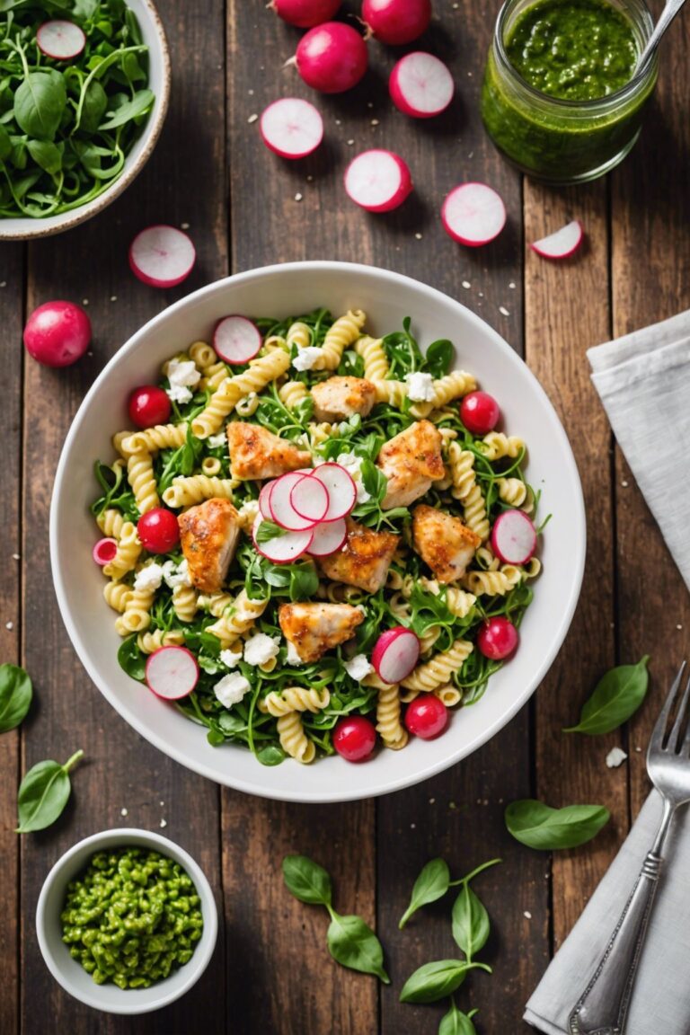 Chicken Cavatappi With Chef Johns Almond Arugula Pesto With Optional Radishes