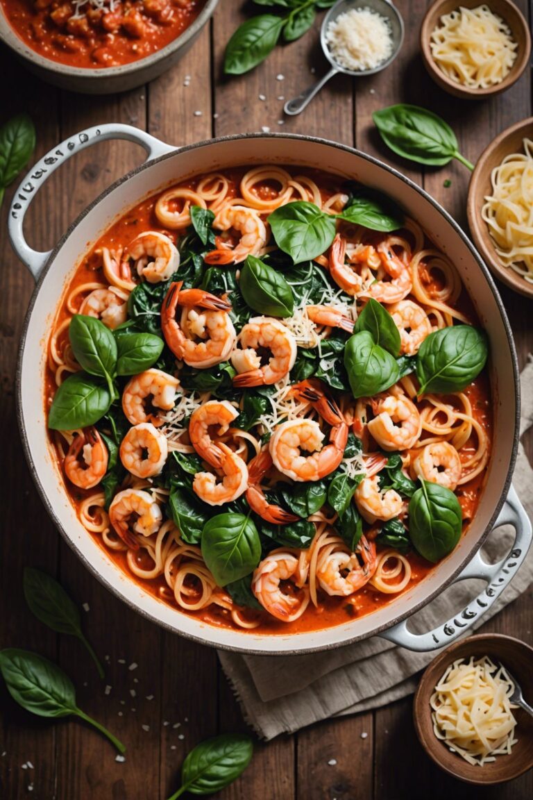 Fettuccine With Shrimp Tomatoes And Spinach Cream Sauce One Pot