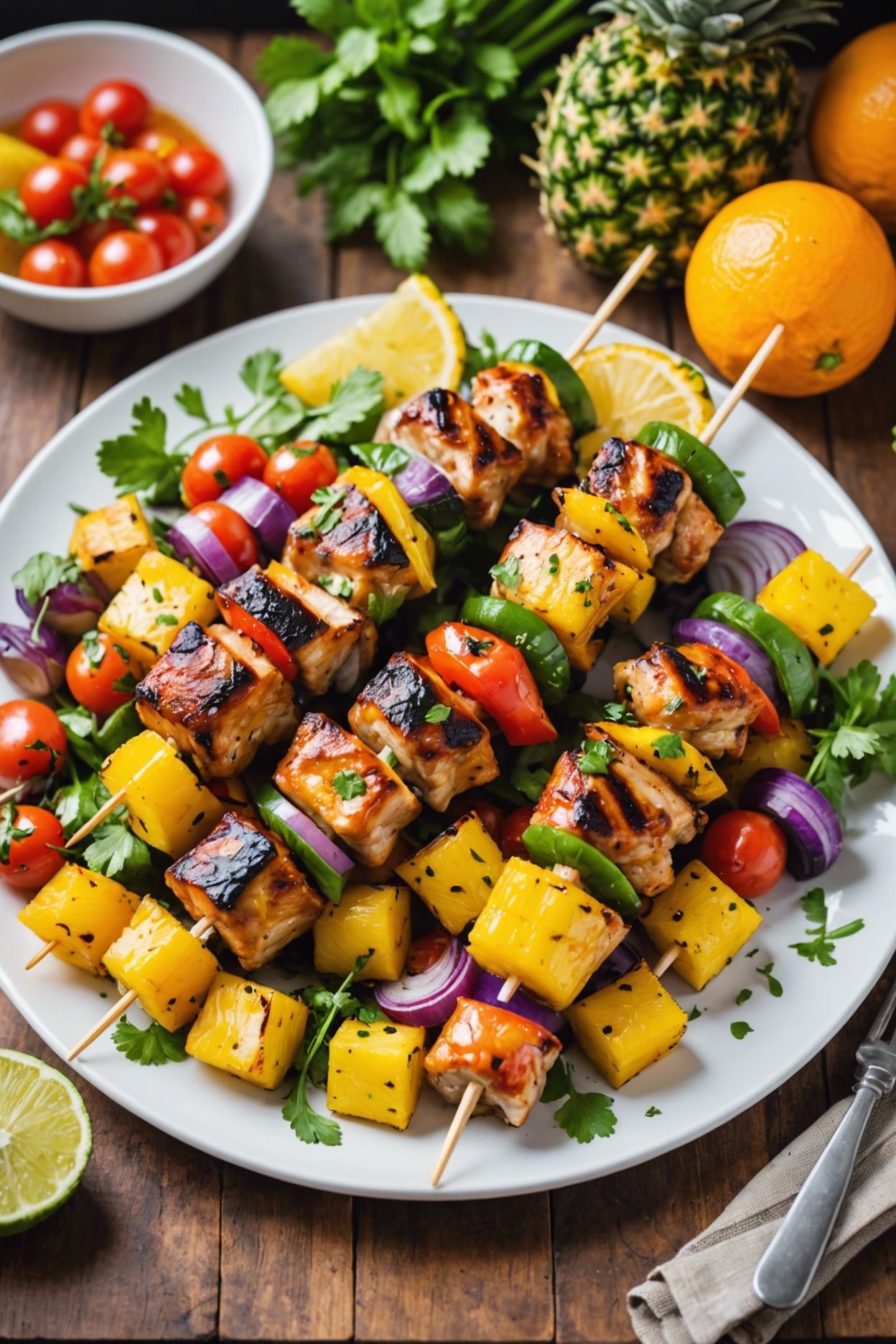 Grilled Orange Chicken Thigh Skewers With Pineapple And Vegetables