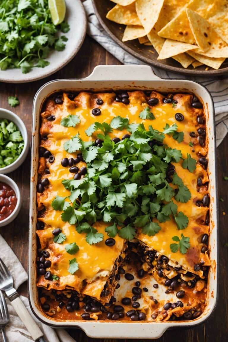 Layered Chicken And Black Bean Enchilada Casserole