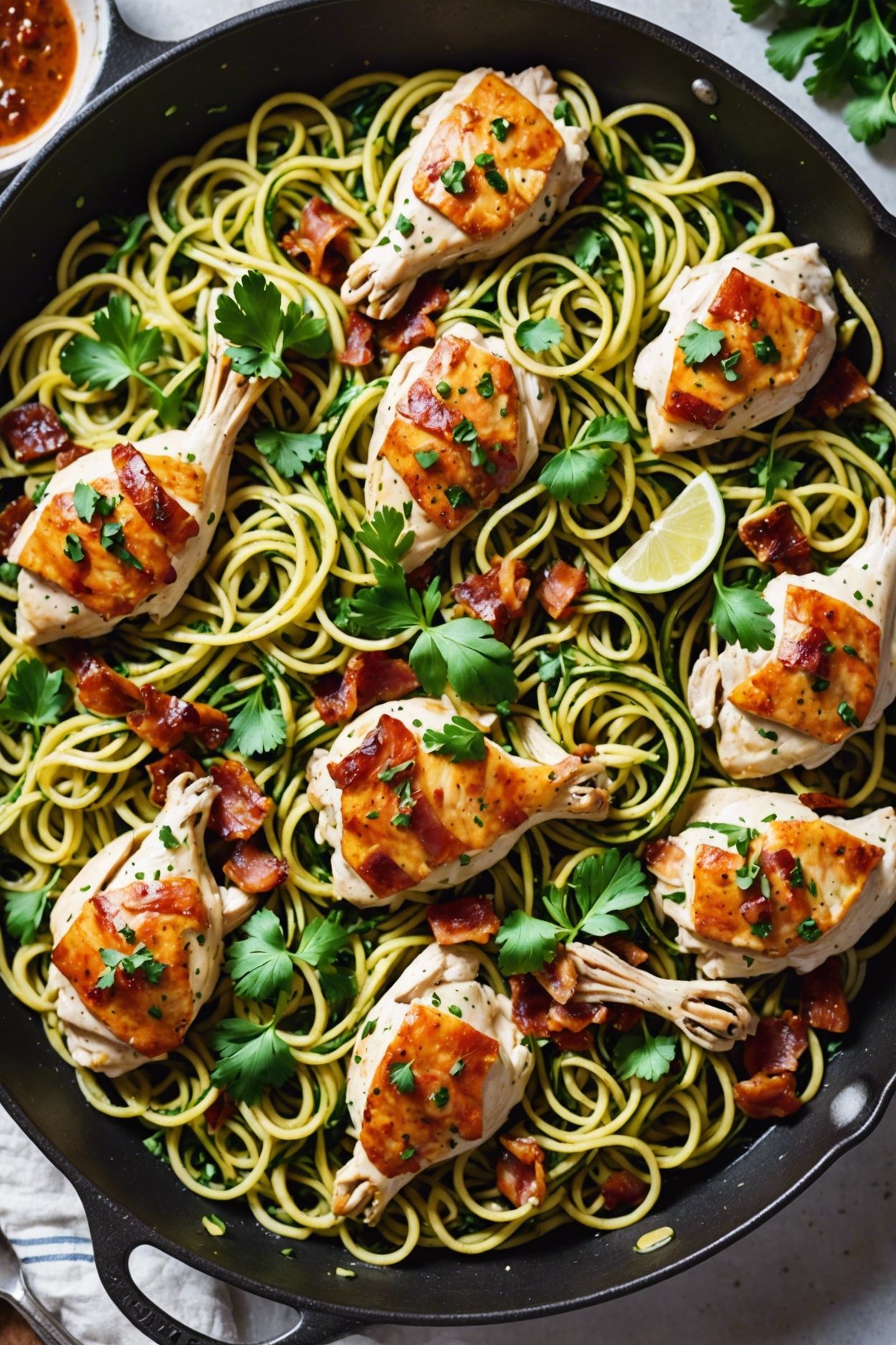 One Pan Creamy Chicken And Bacon Zucchini Noodles With Savory Spice