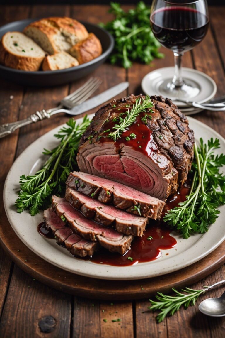 Boneless Garlic And Rosemary Rubbed Prime Rib With Red Wine Mushroom Sauce Slow Roasted