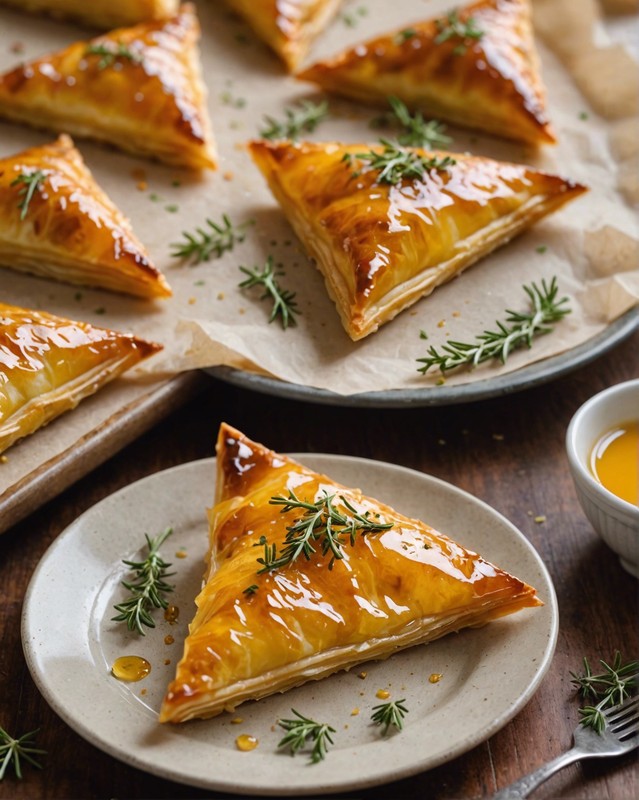 Chicken and Feta Phyllo Triangles with Honey and Thyme