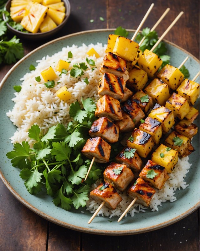 Chicken and Grilled Pineapple Skewers with Coconut Rice