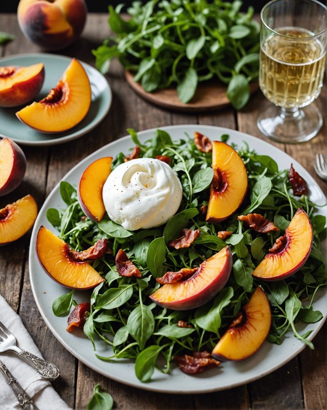 Grilled Peach and Arugula Salad with Burrata Cheese