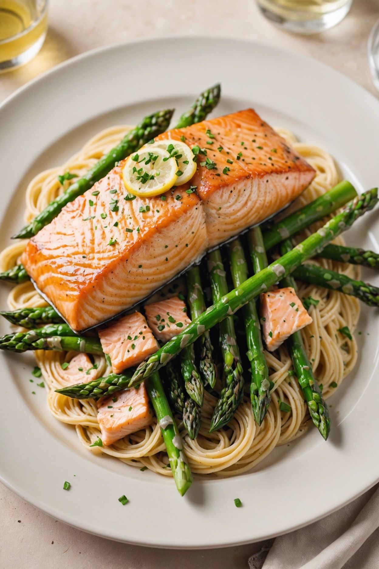 Salmon With Dijon Butter Sauce Asparagus And Herb Butter Angel Hair Pasta Pan Fried Salmon