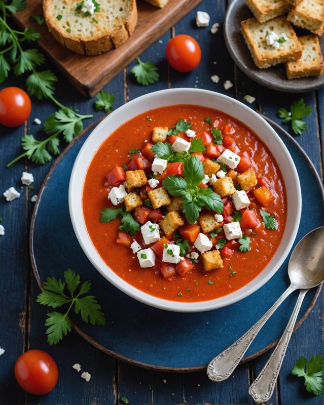 Summer Gazpacho with Croutons and Feta