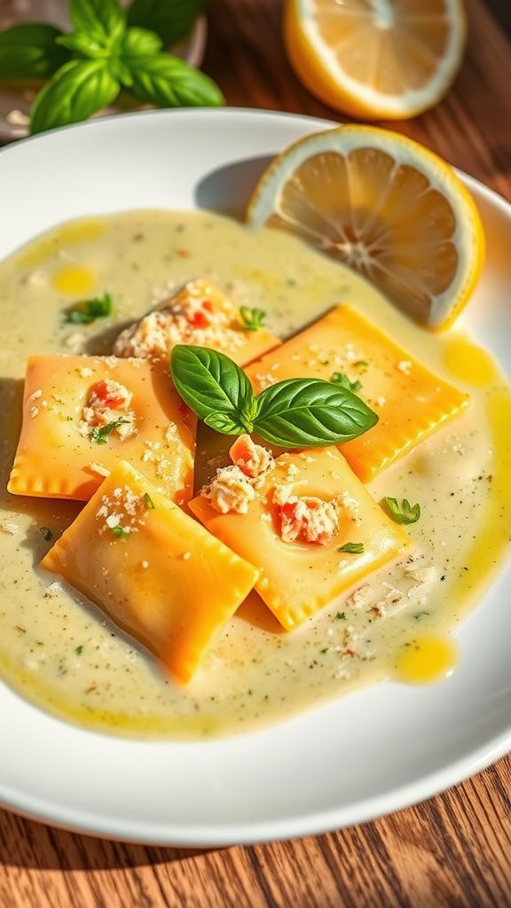 Lobster Ravioli in a Basil Cream Sauce  