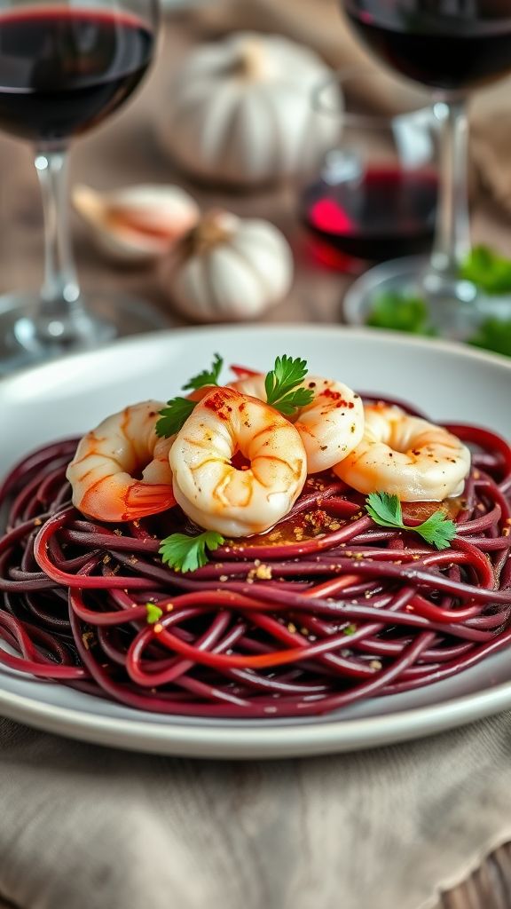 Red Wine Tagliatelle with Garlic Butter Shrimp