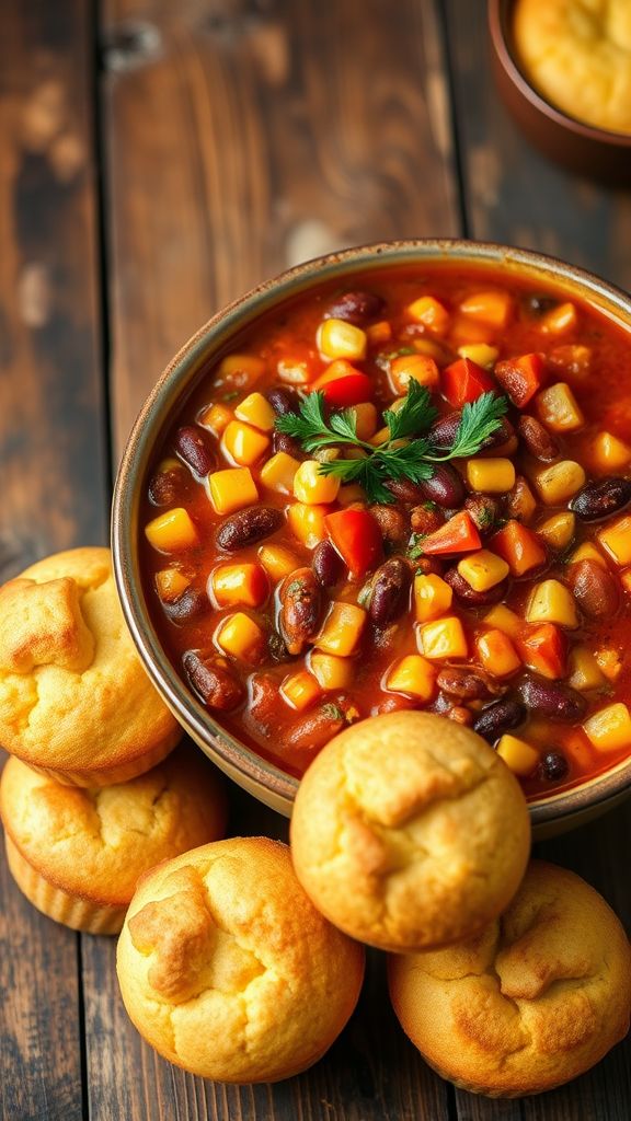 Easy Vegan Chili with Cornbread Muffins  