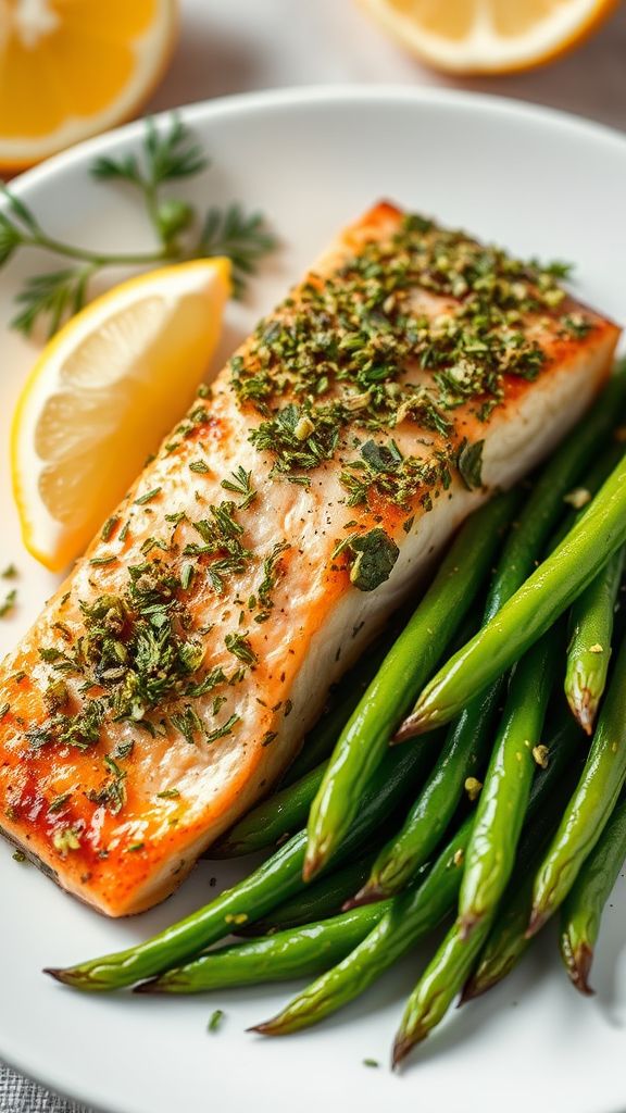 Herb-Crusted Salmon with Garlic Green Beans  