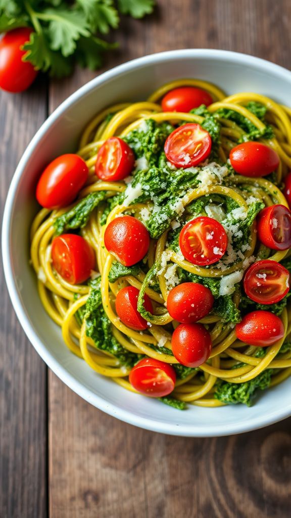 Kale Pesto Pasta with Cherry Tomatoes  