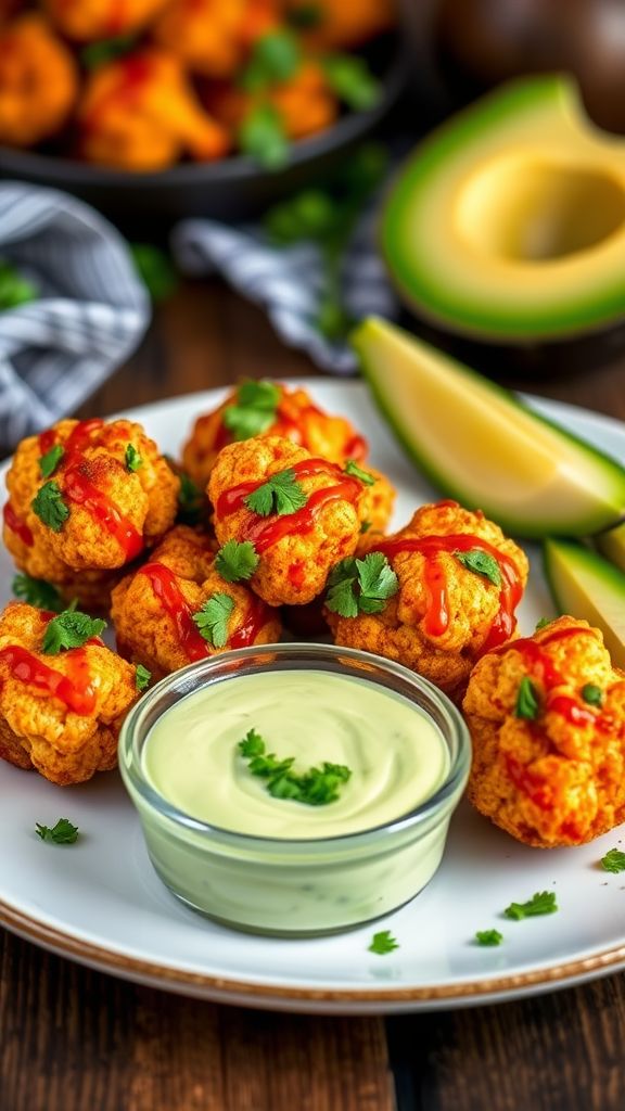 Spicy Cauliflower Buffalo Bites with Avocado Crema  