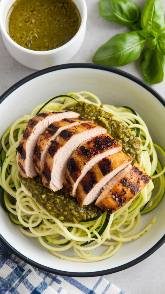 Pesto Zucchini Noodles with Grilled Chicken