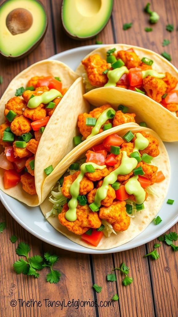 Buffalo Cauliflower Tacos with Avocado Dressing  