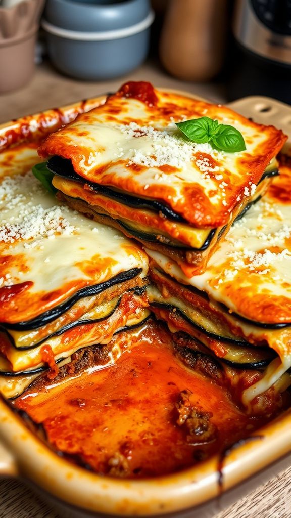 Eggplant Lasagna with Ground Beef and Cheese