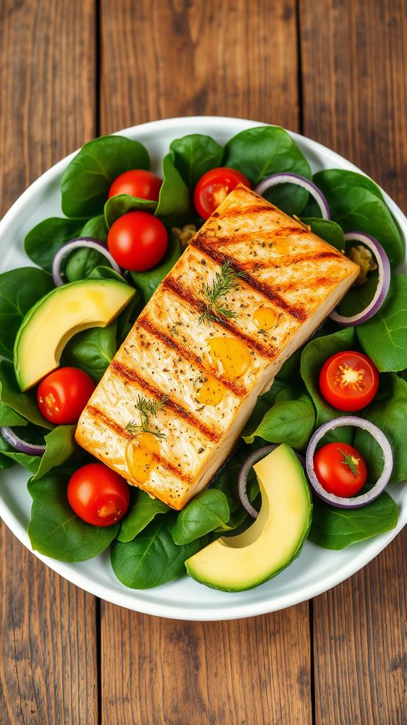 Grilled Salmon Over Spinach Salad  