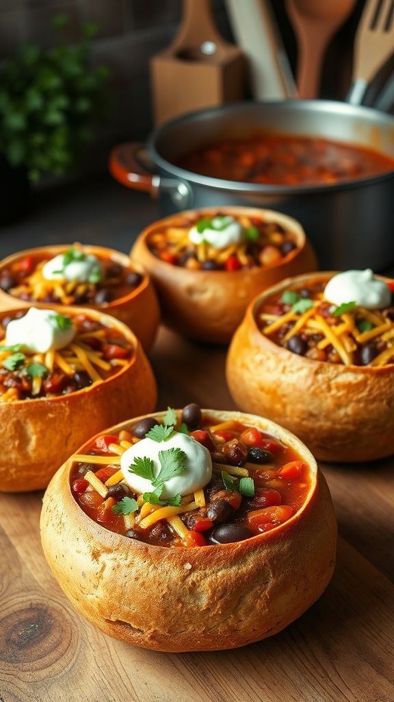 Hearty Chili in Bread Bowls