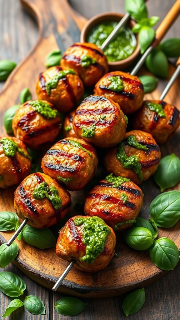 Italian Meatball Skewers with Pesto  