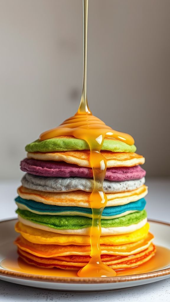 Rainbow Pancakes with Irish Cream Syrup  