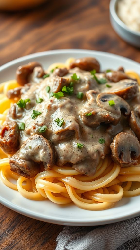 Savory Beef Stroganoff over Egg Noodles