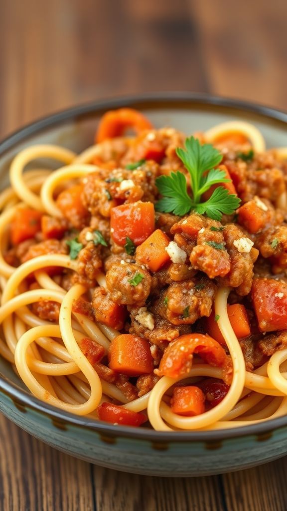 Seitan Bolognese over Whole Wheat Linguine  