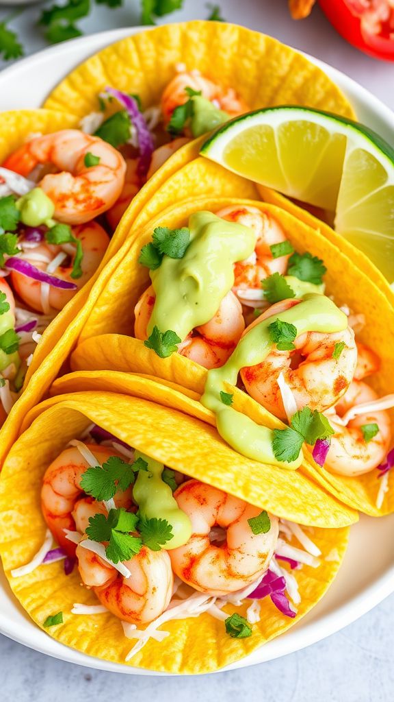 Spicy Shrimp Tacos with Avocado Cream  