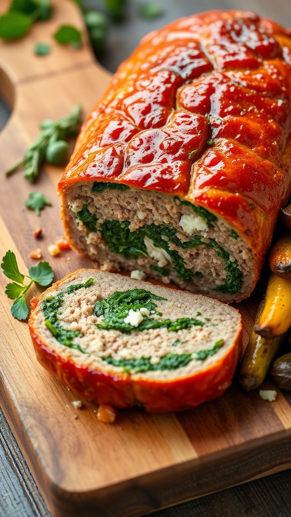 Spinach and Feta Stuffed Meatloaf  