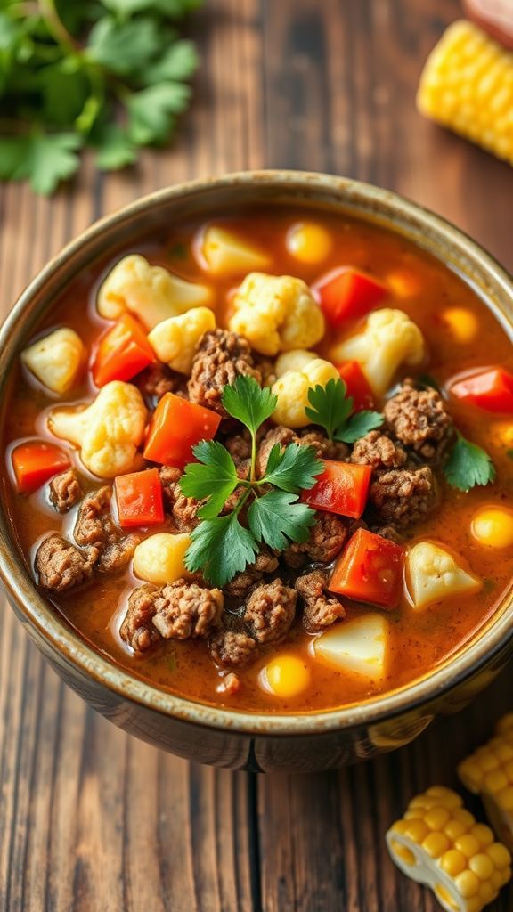 Zesty Beef and Cauliflower Taco Soup