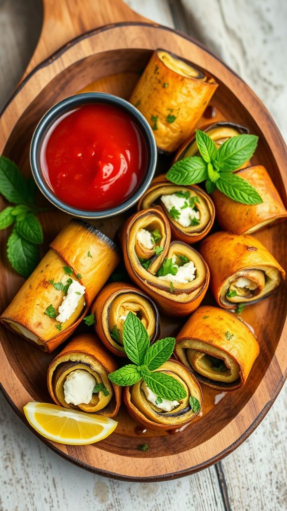 Baked Eggplant Rolls with Feta and Mint  