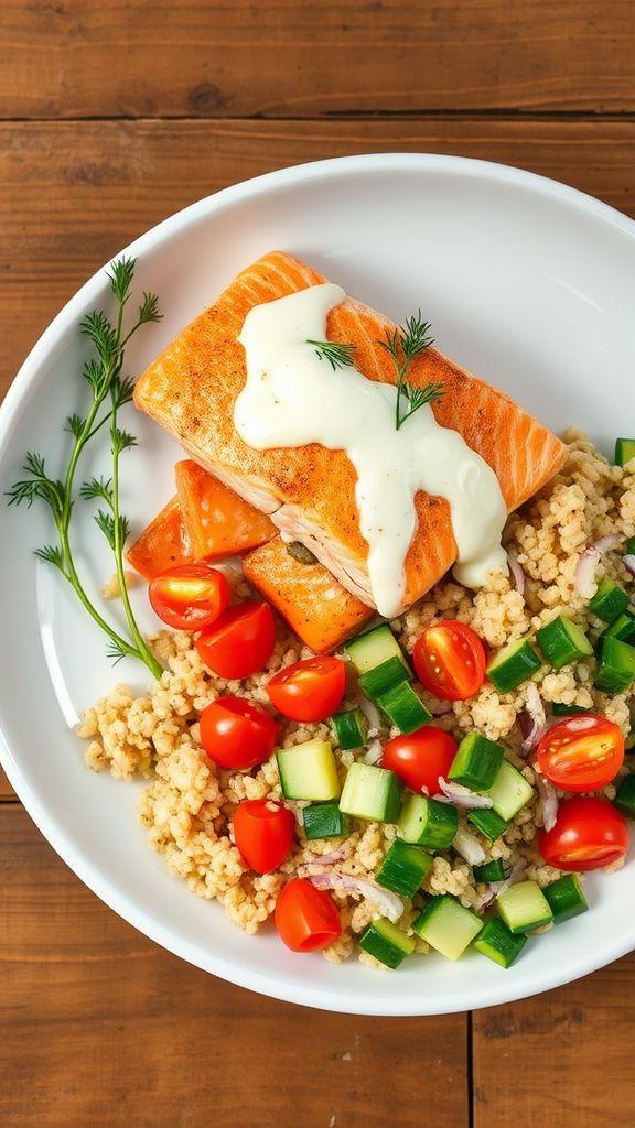 Baked Salmon with Dill Sauce and Quinoa Salad  