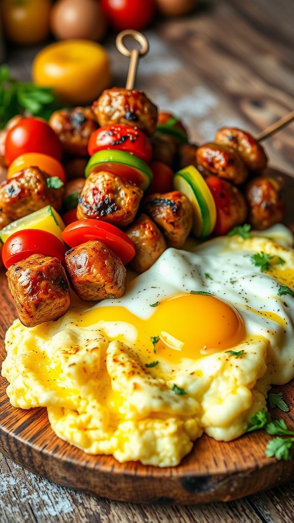 Breakfast Skewers with Sausage, Eggs, and Veggies