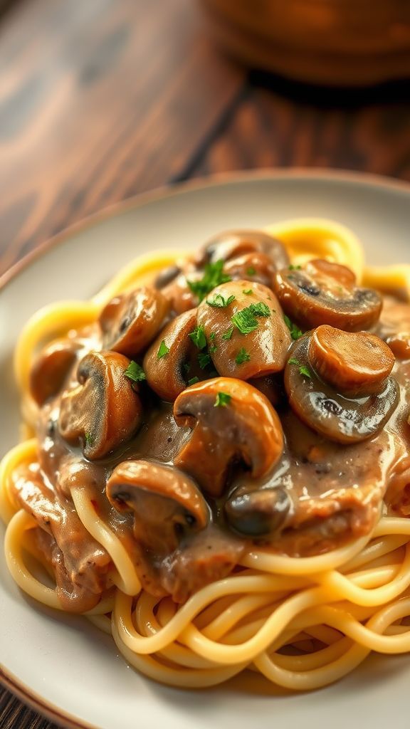 Creamy Mushroom Stroganoff over Egg Noodles  