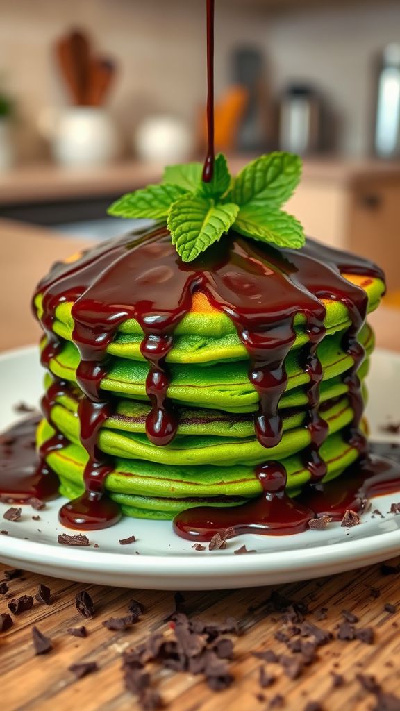 Grasshopper Mint Pancakes with Chocolate Sauce