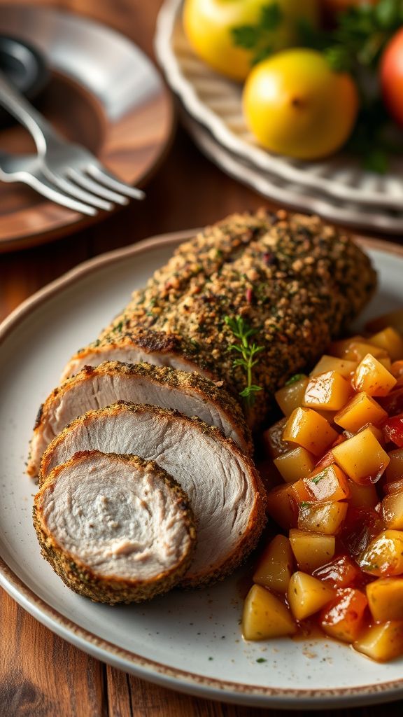 Herb-Crusted Pork Tenderloin with Apple Chutney  