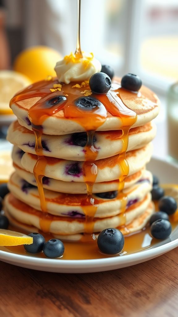 Lemon Blueberry Pancakes with Maple Syrup