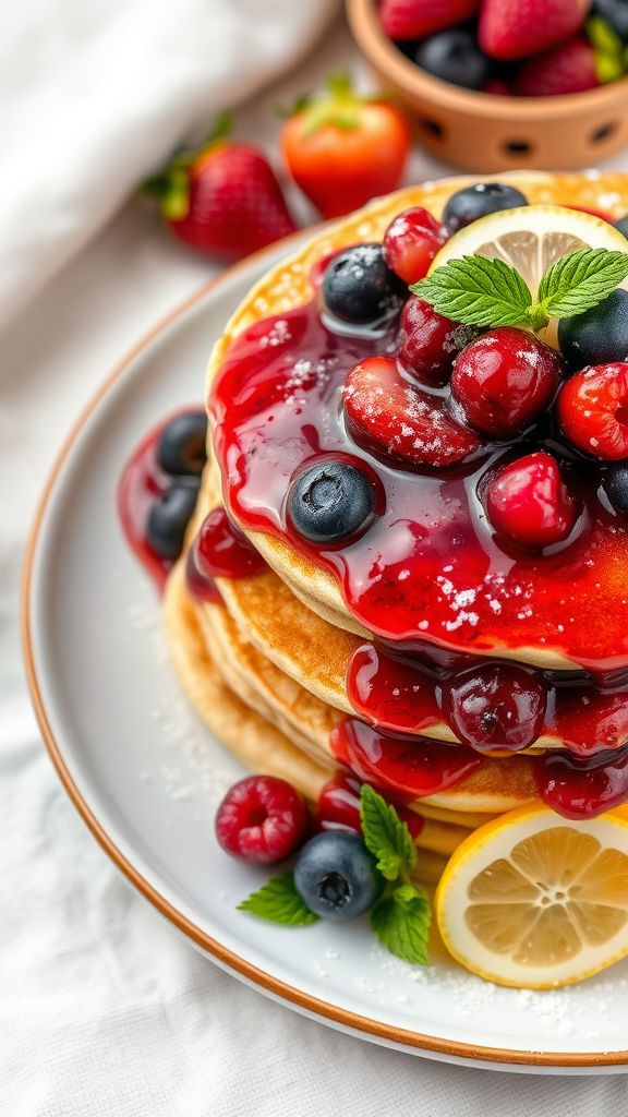 Lemon Poppy Seed Pancakes with Berry Compote  