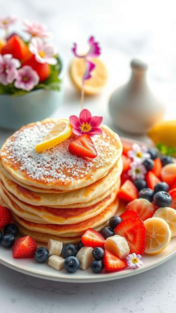 Lemon Zest Pancakes with Easter Egg Fruit Salad