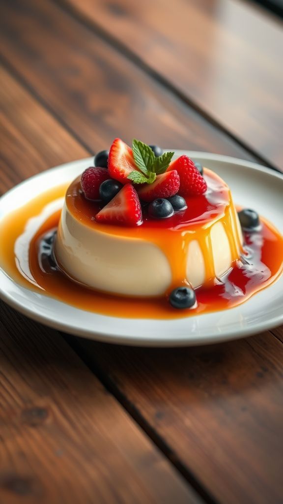 Orange Blossom Flan with Berry Compote