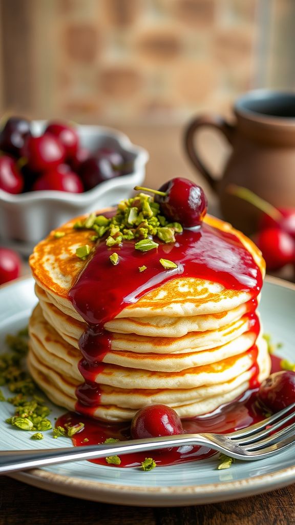 Pistachio Muffin Top Pancakes with Cherry Compote