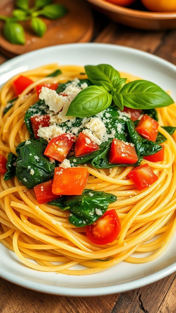 Spaghetti Aglio e Olio with Fresh Spinach and Tomatoes