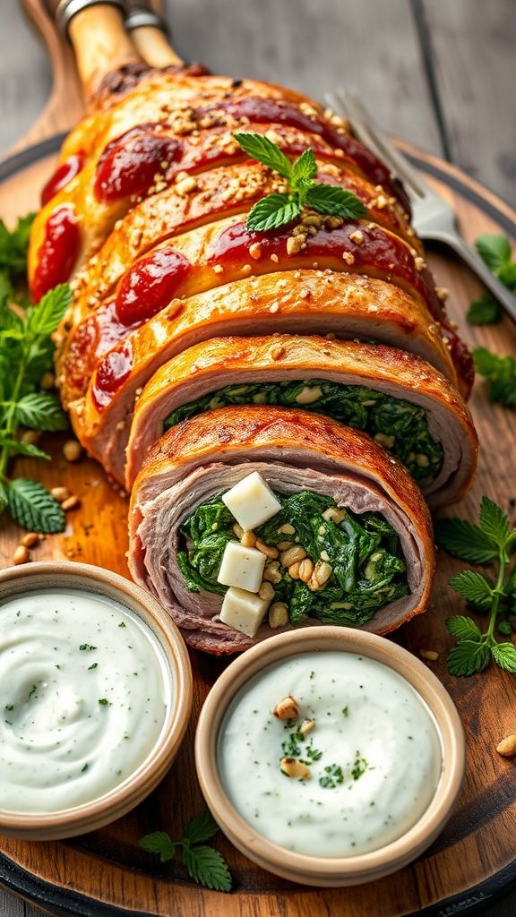 Stuffed Leg of Lamb with Mint Yogurt Sauce  