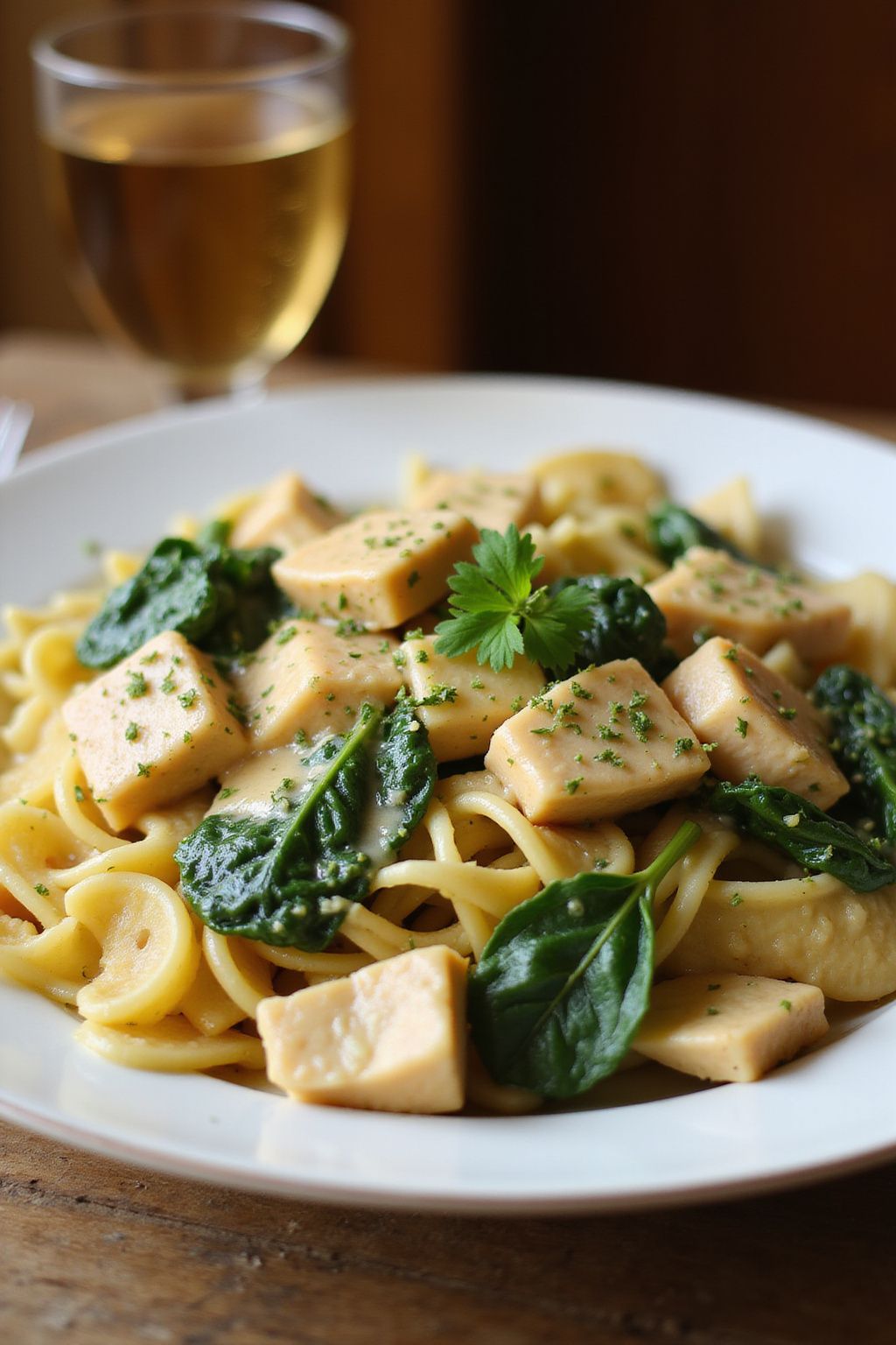 Creamy Garlic Spring Chicken and Spinach Pasta