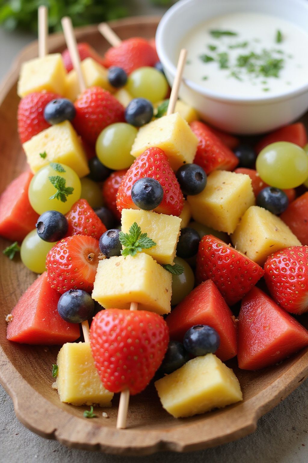 Fresh Fruit Kabobs with Mint Yogurt Dip  