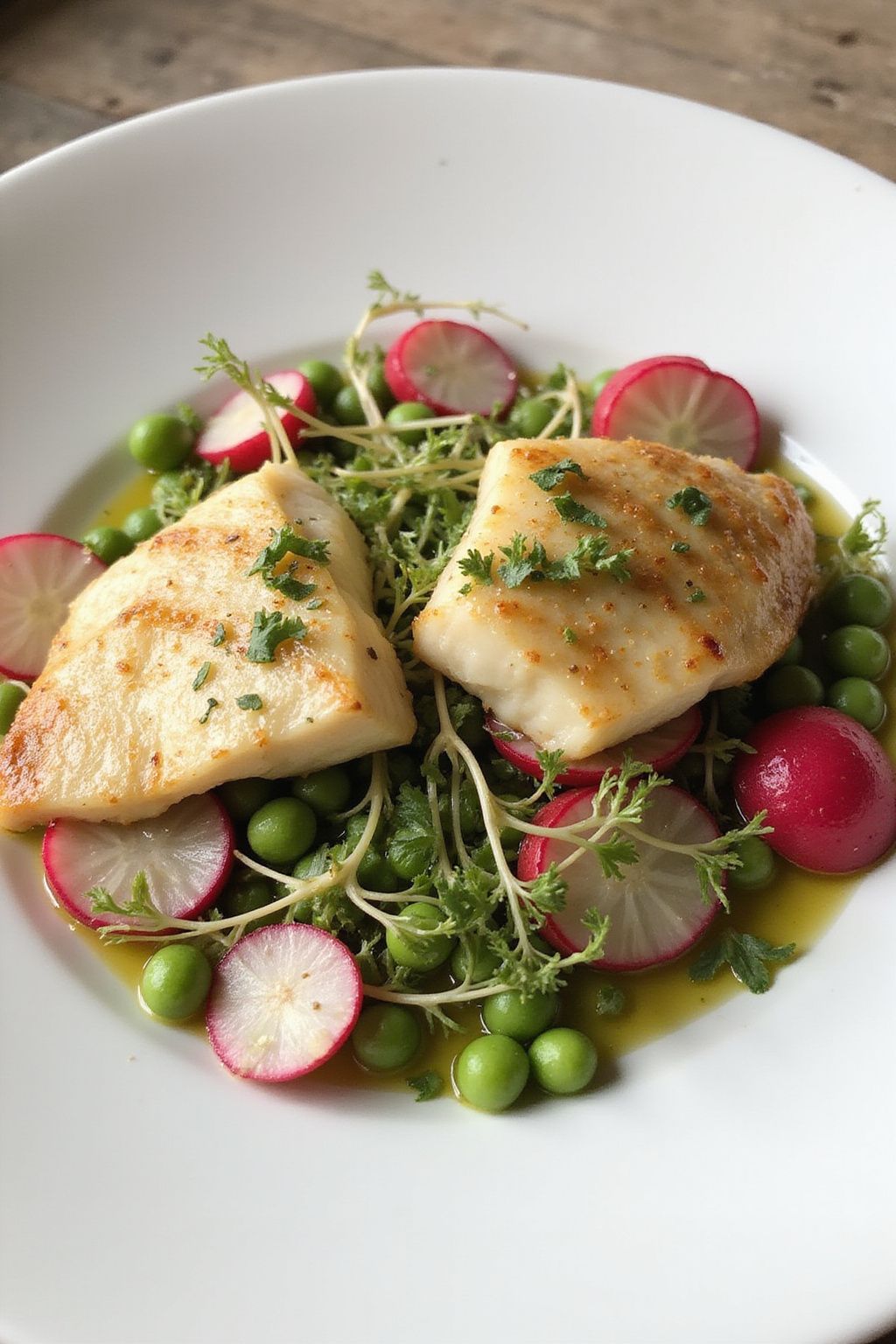 Grilled Sea Bass with Radish and Pea Sprouts