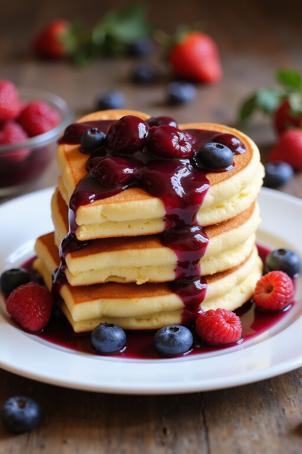 Heart-Shaped Pancakes with Berry Compote  