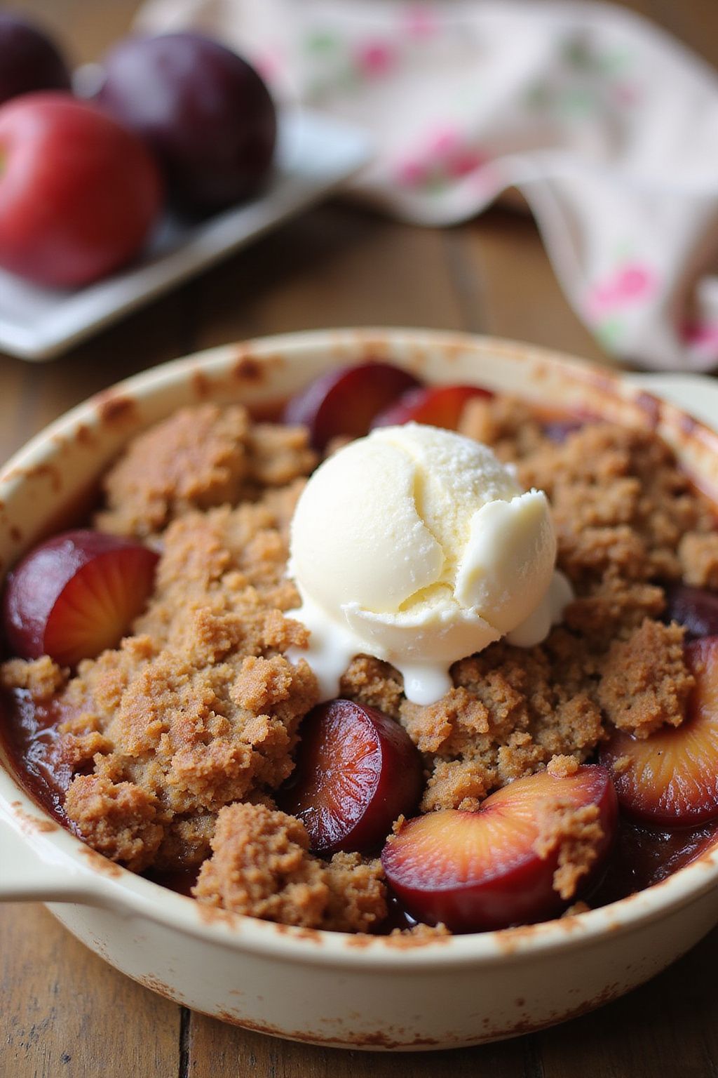 Plum Crumble with Ice Cream  