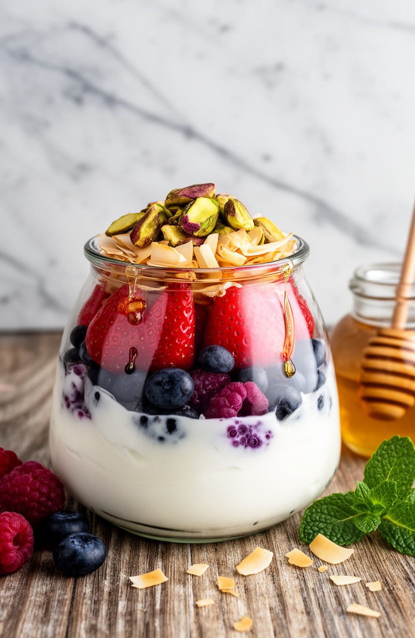 Greek Yogurt Berry Parfait with Honey Pistachios and Toasted Coconut